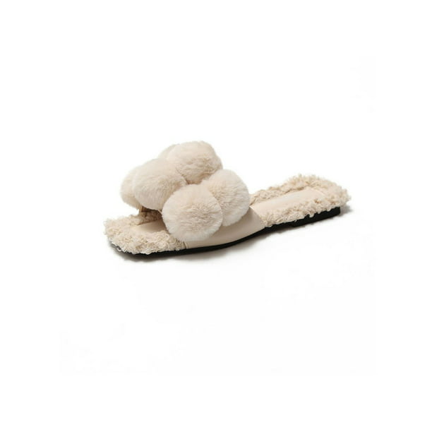 Details about   Women Slipper Slip On Peep Toe Slider Fluffy Fur Flat Sandal Casual Mules Shoes